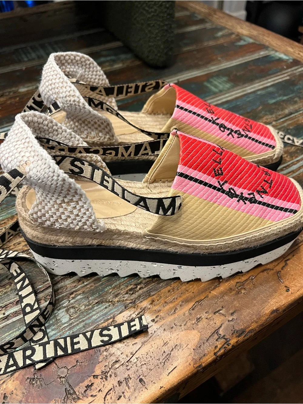 Stella McCartney Pink and Tan Striped Espadrille Platform Sandals